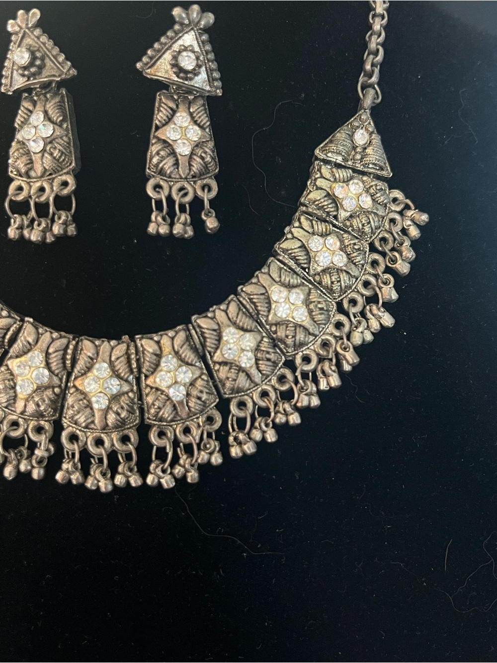 Oxidized Silver Necklace Set Intricate Geometric Patterns & Rhinestones - Picture 3 of 15